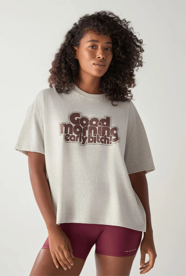 Camiseta oversized mescla com a estampa Good morning, early bitch!